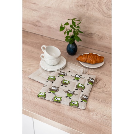 Printed half linen tray for hot pot "Owls green"